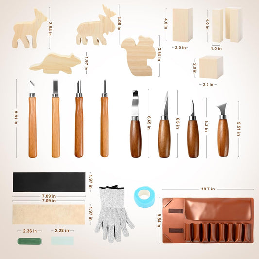Wood Carving Kit,26pcs Wood Carving Tools with 4 Wood Carving Knives,4 Detail Knives,10 Basswood Blocks,Ergonomic Handle Design,Thick Leather Storage Bag,Whittling Kit for Beginners Adults Kids Hobby