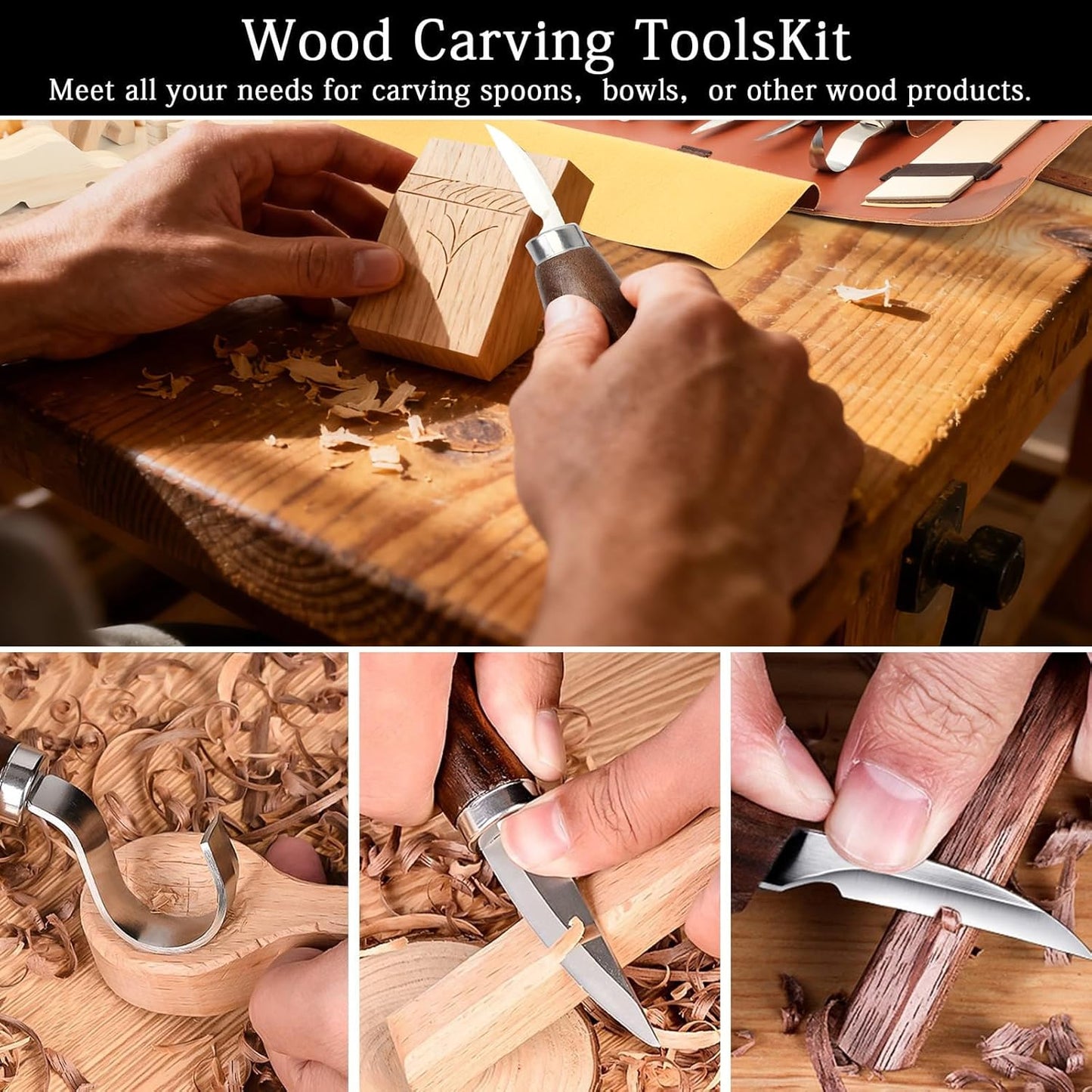 Wood Carving Kit,26pcs Wood Carving Tools with 4 Wood Carving Knives,4 Detail Knives,10 Basswood Blocks,Ergonomic Handle Design,Thick Leather Storage Bag,Whittling Kit for Beginners Adults Kids Hobby
