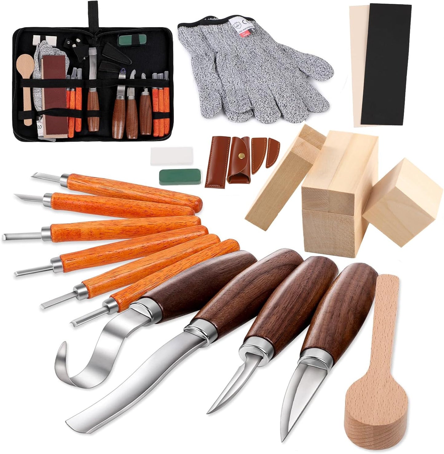 Wood Carving Kit,26pcs Wood Carving Tools with 4 Wood Carving Knives,4 Detail Knives,10 Basswood Blocks,Ergonomic Handle Design,Thick Leather Storage Bag,Whittling Kit for Beginners Adults Kids Hobby