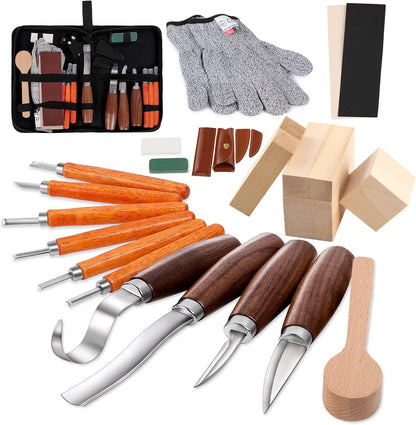 Wood Carving Kit,26pcs Wood Carving Tools with 4 Wood Carving Knives,4 Detail Knives,10 Basswood Blocks,Ergonomic Handle Design,Thick Leather Storage Bag,Whittling Kit for Beginners Adults Kids Hobby