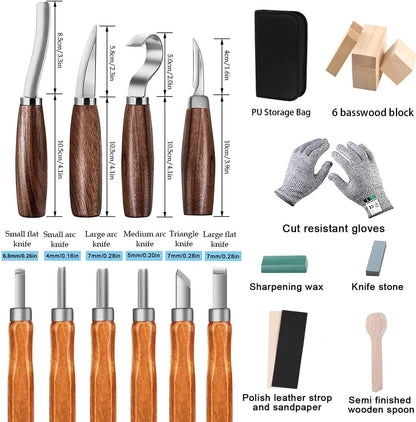 Wood Carving Kit,26pcs Wood Carving Tools with 4 Wood Carving Knives,4 Detail Knives,10 Basswood Blocks,Ergonomic Handle Design,Thick Leather Storage Bag,Whittling Kit for Beginners Adults Kids Hobby