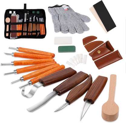 Wood Carving Kit,26pcs Wood Carving Tools with 4 Wood Carving Knives,4 Detail Knives,10 Basswood Blocks,Ergonomic Handle Design,Thick Leather Storage Bag,Whittling Kit for Beginners Adults Kids Hobby