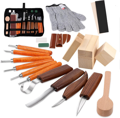 Wood Carving Kit,26pcs Wood Carving Tools with 4 Wood Carving Knives,4 Detail Knives,10 Basswood Blocks,Ergonomic Handle Design,Thick Leather Storage Bag,Whittling Kit for Beginners Adults Kids Hobby