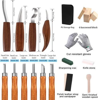 Wood Carving Kit,26pcs Wood Carving Tools with 4 Wood Carving Knives,4 Detail Knives,10 Basswood Blocks,Ergonomic Handle Design,Thick Leather Storage Bag,Whittling Kit for Beginners Adults Kids Hobby