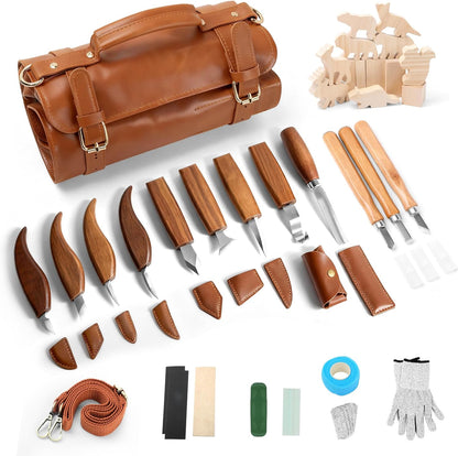 Wood Carving Kit,26pcs Wood Carving Tools with 4 Wood Carving Knives,4 Detail Knives,10 Basswood Blocks,Ergonomic Handle Design,Thick Leather Storage Bag,Whittling Kit for Beginners Adults Kids Hobby