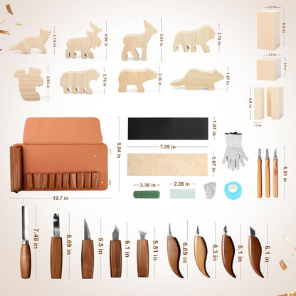 Wood Carving Kit,26pcs Wood Carving Tools with 4 Wood Carving Knives,4 Detail Knives,10 Basswood Blocks,Ergonomic Handle Design,Thick Leather Storage Bag,Whittling Kit for Beginners Adults Kids Hobby