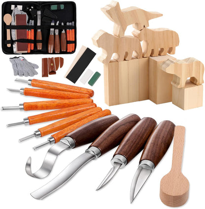 Wood Carving Kit,26pcs Wood Carving Tools with 4 Wood Carving Knives,4 Detail Knives,10 Basswood Blocks,Ergonomic Handle Design,Thick Leather Storage Bag,Whittling Kit for Beginners Adults Kids Hobby