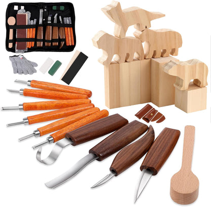 Wood Carving Kit,26pcs Wood Carving Tools with 4 Wood Carving Knives,4 Detail Knives,10 Basswood Blocks,Ergonomic Handle Design,Thick Leather Storage Bag,Whittling Kit for Beginners Adults Kids Hobby