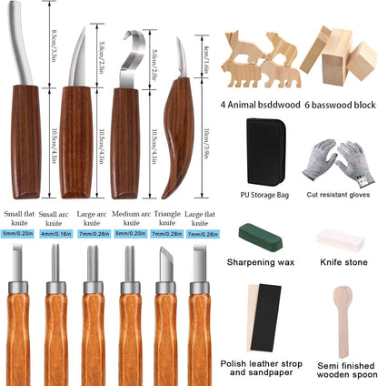 Wood Carving Kit,26pcs Wood Carving Tools with 4 Wood Carving Knives,4 Detail Knives,10 Basswood Blocks,Ergonomic Handle Design,Thick Leather Storage Bag,Whittling Kit for Beginners Adults Kids Hobby