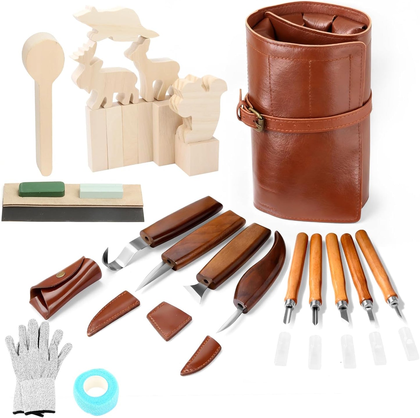 Wood Carving Kit,26pcs Wood Carving Tools with 4 Wood Carving Knives,4 Detail Knives,10 Basswood Blocks,Ergonomic Handle Design,Thick Leather Storage Bag,Whittling Kit for Beginners Adults Kids Hobby