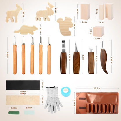Wood Carving Kit,26pcs Wood Carving Tools with 4 Wood Carving Knives,4 Detail Knives,10 Basswood Blocks,Ergonomic Handle Design,Thick Leather Storage Bag,Whittling Kit for Beginners Adults Kids Hobby