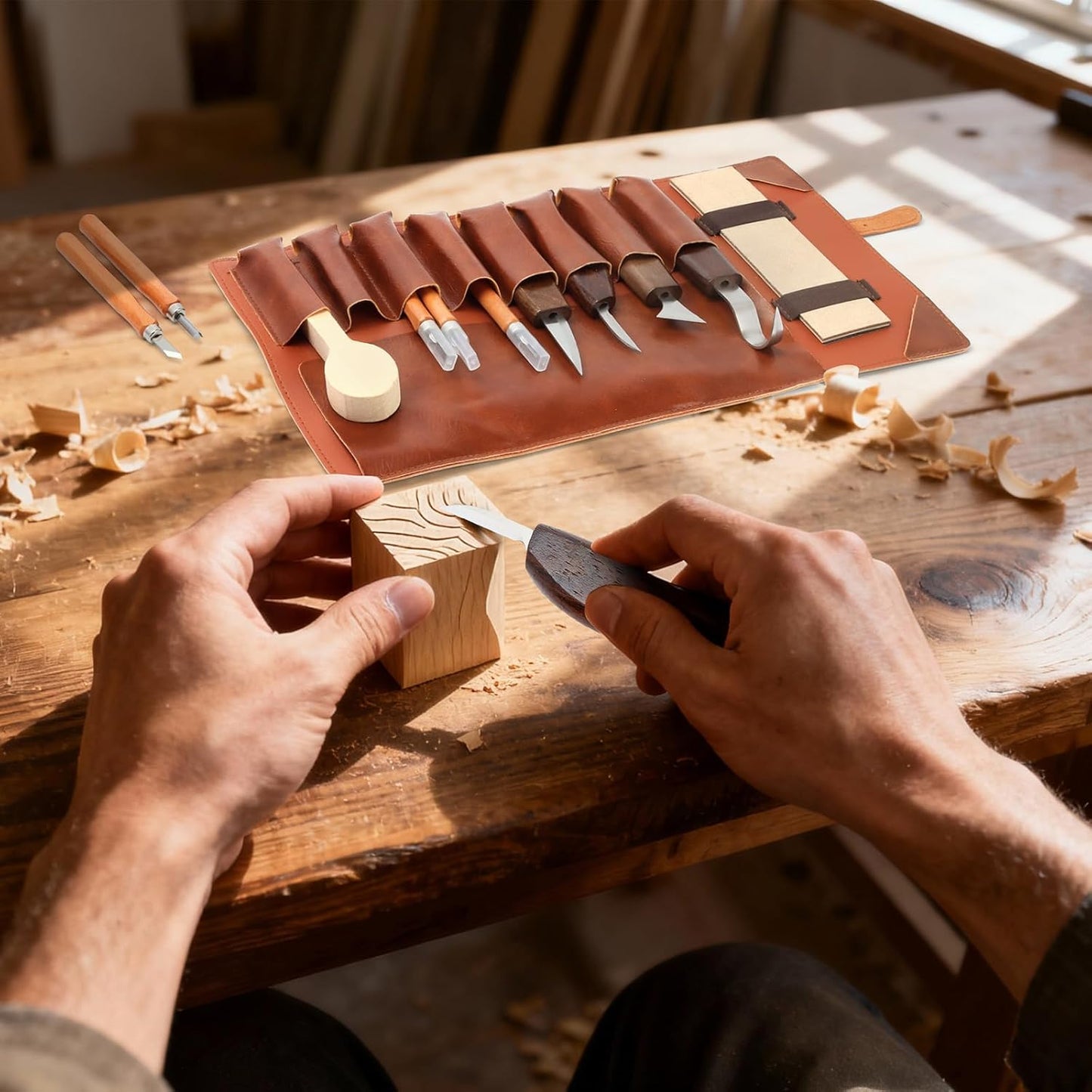 Wood Carving Kit,26pcs Wood Carving Tools with 4 Wood Carving Knives,4 Detail Knives,10 Basswood Blocks,Ergonomic Handle Design,Thick Leather Storage Bag,Whittling Kit for Beginners Adults Kids Hobby