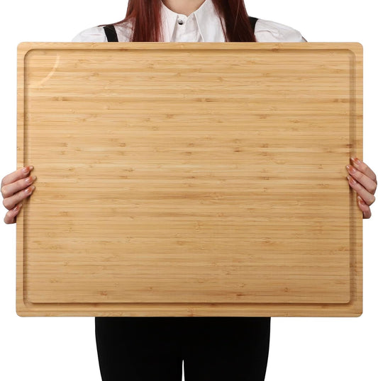 Extra Large Bamboo Cutting Board 24"x18" | Juice Groove | Handles | 100% Natural Bamboo Flat Board for Meat Carving, Charcuterie, Cheese Bread & Daily Kitchen Prep