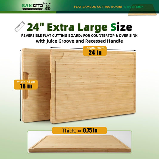 Extra Large Bamboo Cutting Board 24"x18" | Juice Groove | Handles | 100% Natural Bamboo Flat Board for Meat Carving, Charcuterie, Cheese Bread & Daily Kitchen Prep