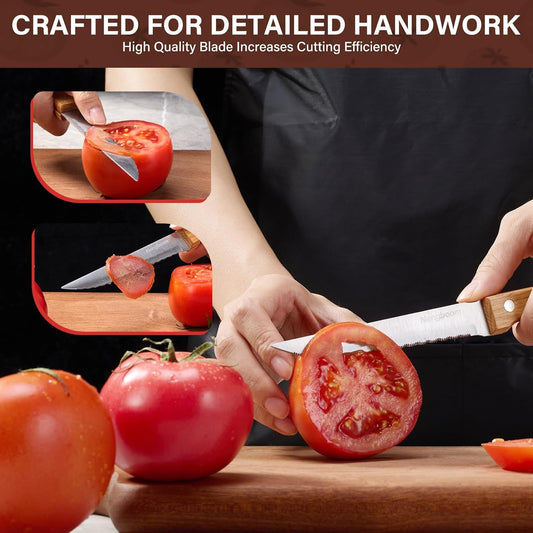 Tomato Knife Serrated,Steak Knife,Tomato and Bread Slicing Knives,Serrated Stainless Steel Blade,Ergonomic Wood Handle,For Smooth Cutting of Tomatoes,Steaks and Bread
