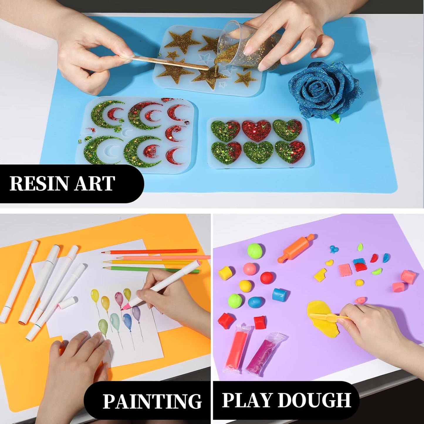 Silicone Mats, 3 PCS 15.7”x 11.7” Silicone Mats for Crafts, Resin Molds, Play Dough Mat for Resin, Clay, Craft Supplies, Orange & Purple & Blue