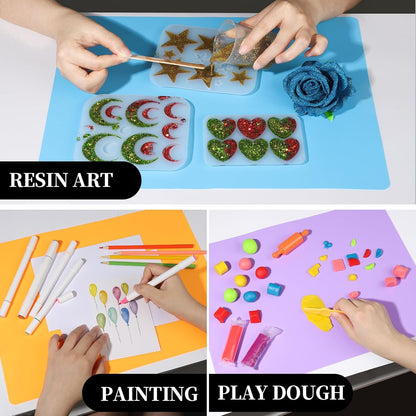 Silicone Mats, 3 PCS 15.7”x 11.7” Silicone Mats for Crafts, Resin Molds, Play Dough Mat for Resin, Clay, Craft Supplies, Orange & Purple & Blue