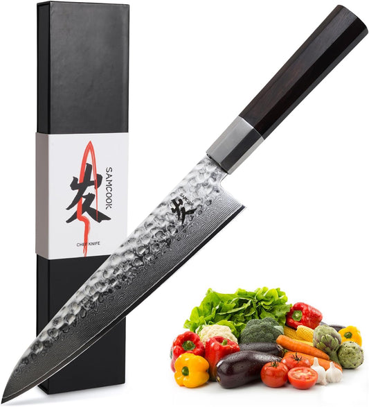 Japanese Chef Knife - 8 Inch Professional Hammered Finish Damascus Gyuto Knife, Damascus High Carbon Steel Kitchen Cooking knife,Ergonomic Octagonal Ebony Handle with Gift Box