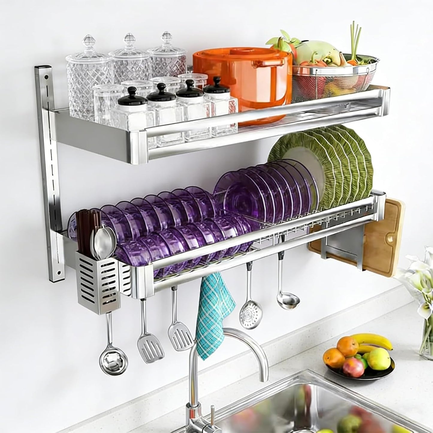 304 Stainless Steel Wall Mounted Dish Drying Rack, Hanging Kitchen Dish Rack With Drainboard Chopsticks Cage & Knife Holder, 2-Tier Space-Saving Wall Mount Utensils Shelf Organizer (23.6x11.8x19.7in)