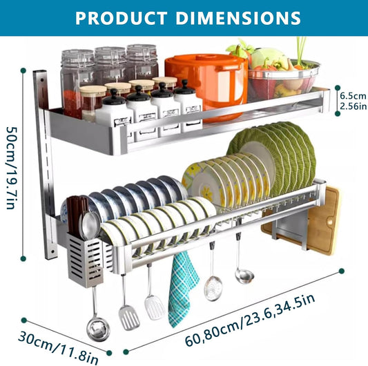 304 Stainless Steel Wall Mounted Dish Drying Rack, Hanging Kitchen Dish Rack With Drainboard Chopsticks Cage & Knife Holder, 2-Tier Space-Saving Wall Mount Utensils Shelf Organizer (23.6x11.8x19.7in)