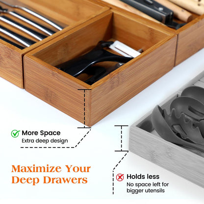 Carbonized Bamboo Kitchen Silverwar Drawer Organizer,14.2 inch Length Natural Utensil Flatware Organizers Tray Storage for Spoons Forks & Knives