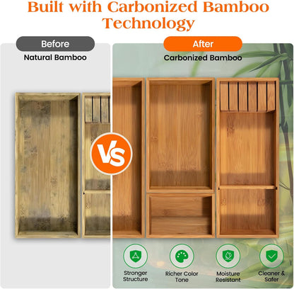 Carbonized Bamboo Kitchen Silverwar Drawer Organizer,14.2 inch Length Natural Utensil Flatware Organizers Tray Storage for Spoons Forks & Knives