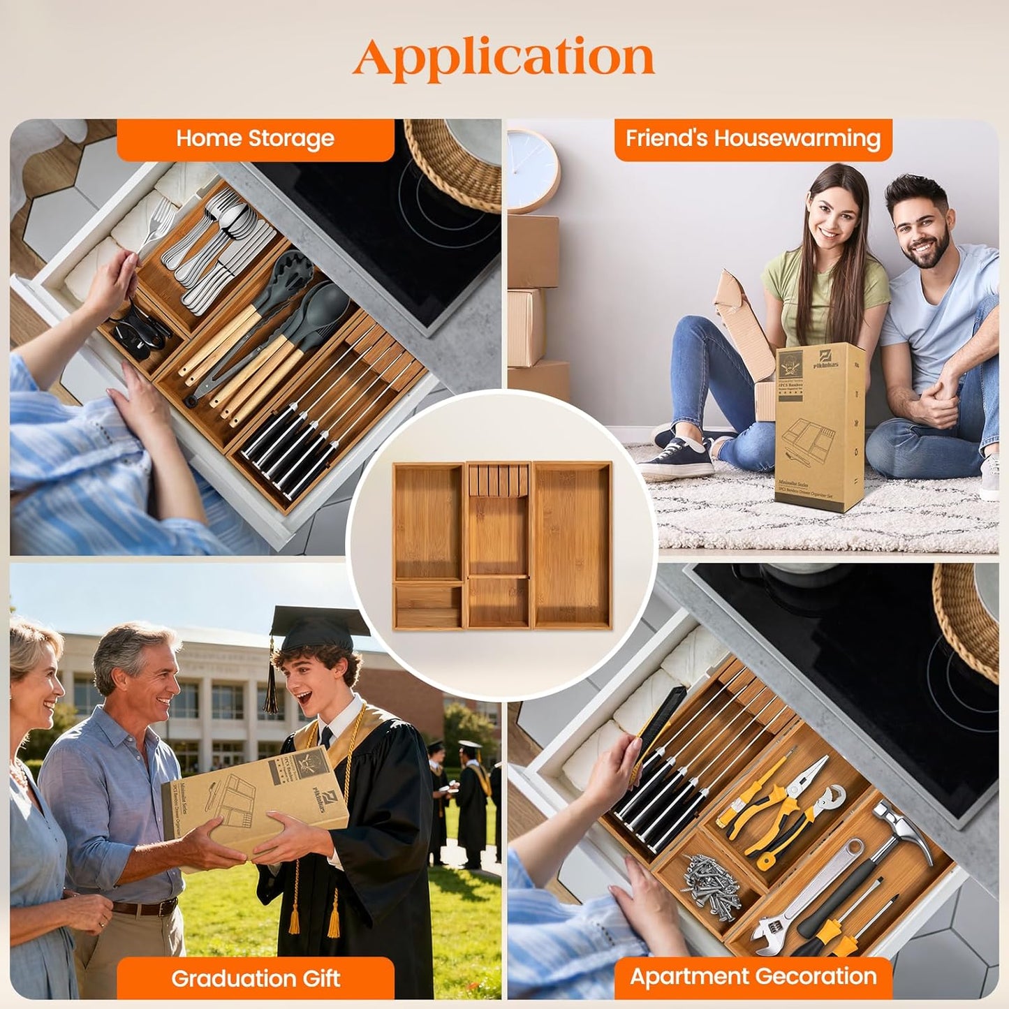 Carbonized Bamboo Kitchen Silverwar Drawer Organizer,14.2 inch Length Natural Utensil Flatware Organizers Tray Storage for Spoons Forks & Knives