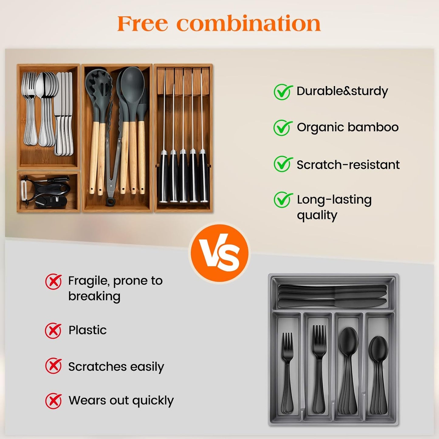 Carbonized Bamboo Kitchen Silverwar Drawer Organizer,14.2 inch Length Natural Utensil Flatware Organizers Tray Storage for Spoons Forks & Knives