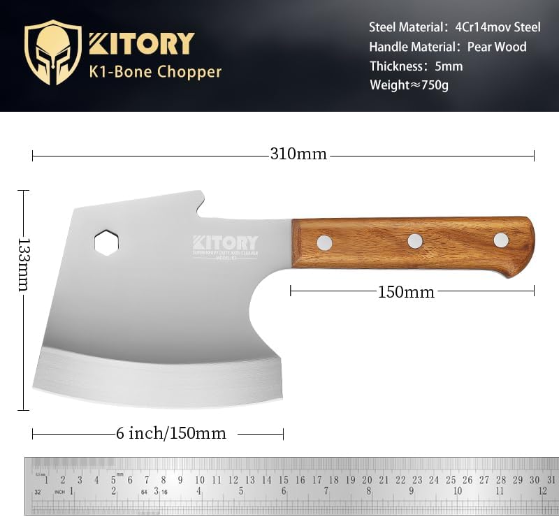 Meat Cleaver 6 Inch Bone Chopper Knife - Heavy Duty Butcher Cleaver with Wood Handle, High Carbon Stainless Steel Blade, Professional Kitchen Bone Breaker for Home & Commercial Use