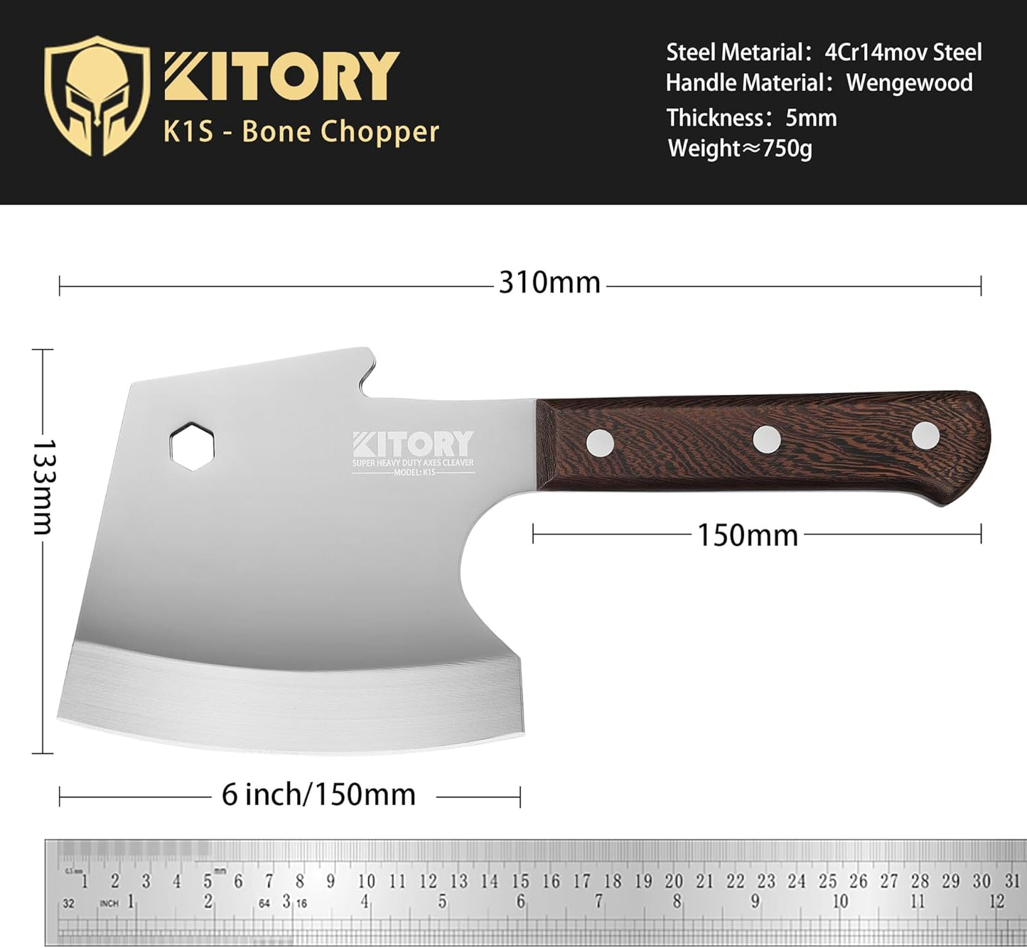 Meat Cleaver 6 Inch Bone Chopper Knife - Heavy Duty Butcher Cleaver with Wood Handle, High Carbon Stainless Steel Blade, Professional Kitchen Bone Breaker for Home & Commercial Use