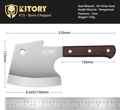 Meat Cleaver 6 Inch Bone Chopper Knife - Heavy Duty Butcher Cleaver with Wood Handle, High Carbon Stainless Steel Blade, Professional Kitchen Bone Breaker for Home & Commercial Use