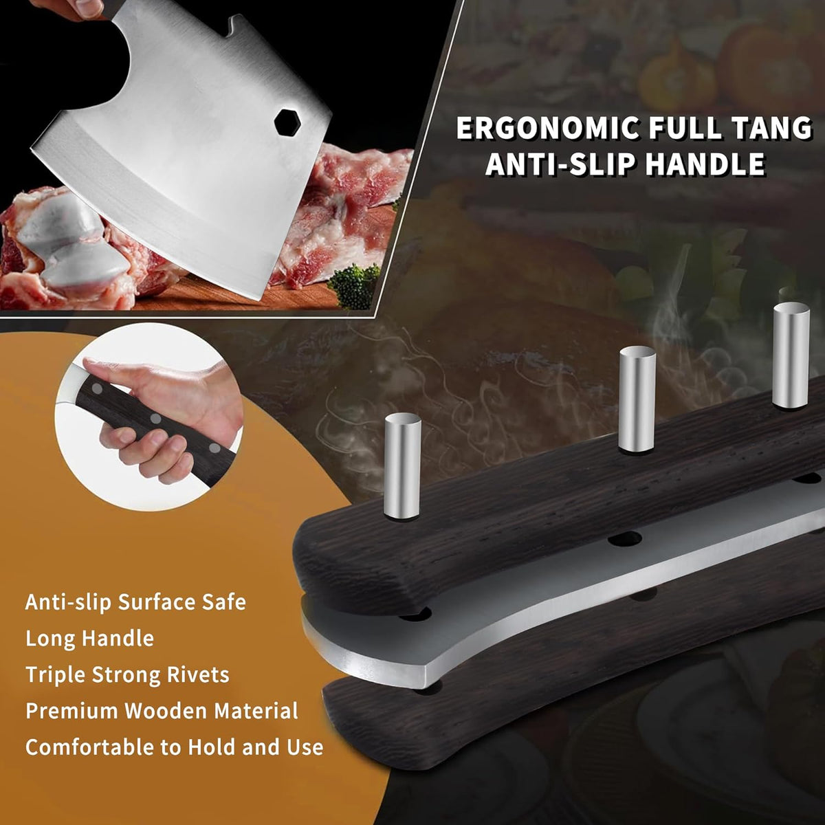 Meat Cleaver 6 Inch Bone Chopper Knife - Heavy Duty Butcher Cleaver with Wood Handle, High Carbon Stainless Steel Blade, Professional Kitchen Bone Breaker for Home & Commercial Use