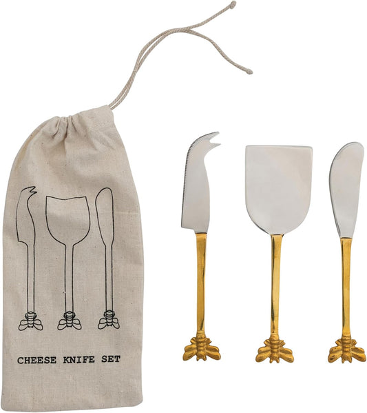 3-Piece Stainless Steel Cheese Knives with Bee Handles, Gold
