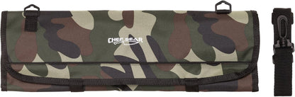 8 Pocket Roll Bag for Chef Knives, 1 Large Mesh Pocket for Kitchen Utensils, Durable Nylon-Polyester Blend, with Shoulder Strap (Camouflage)