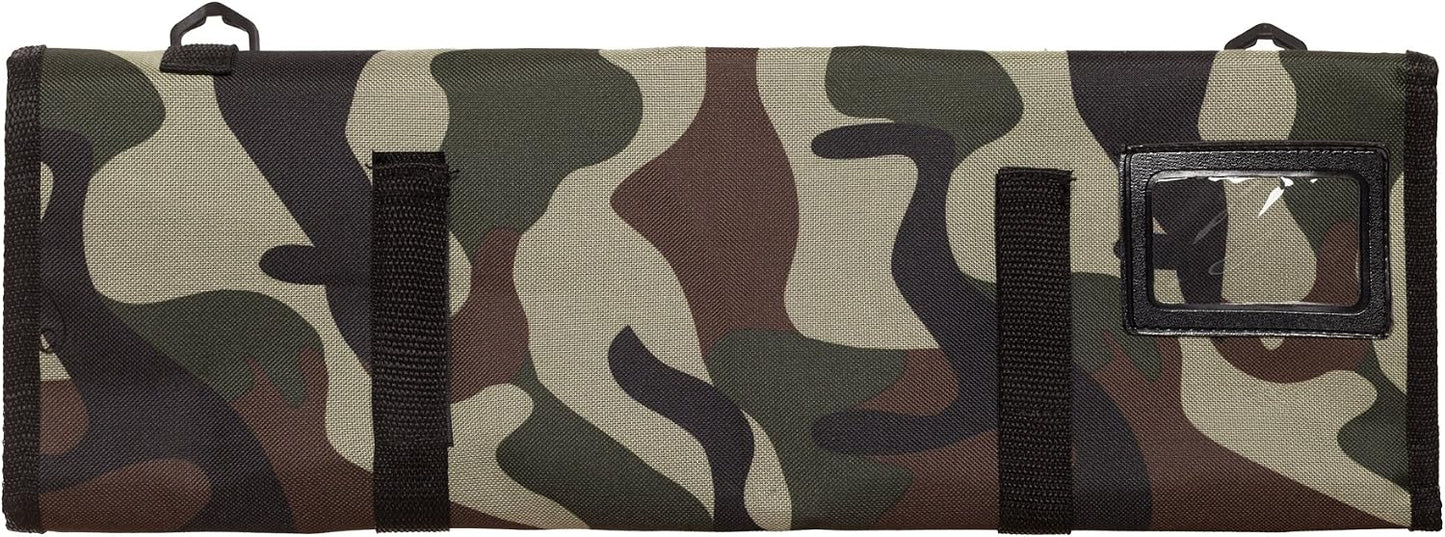 8 Pocket Roll Bag for Chef Knives, 1 Large Mesh Pocket for Kitchen Utensils, Durable Nylon-Polyester Blend, with Shoulder Strap (Camouflage)