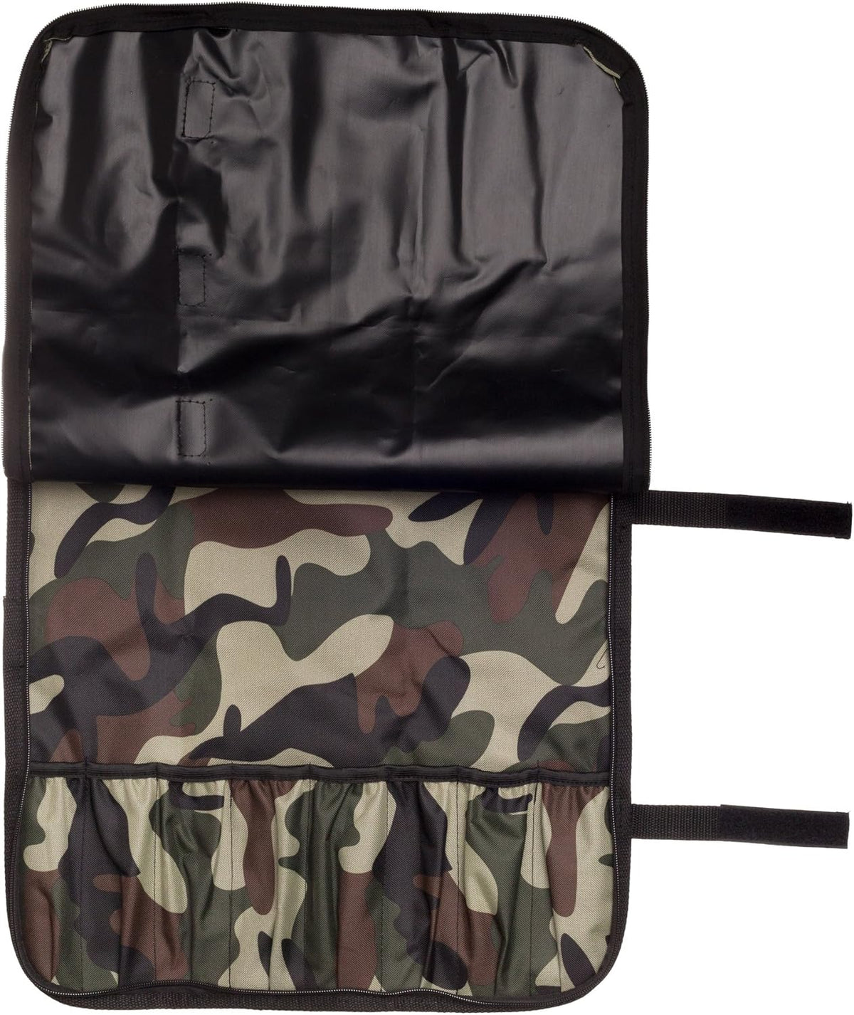 8 Pocket Roll Bag for Chef Knives, 1 Large Mesh Pocket for Kitchen Utensils, Durable Nylon-Polyester Blend, with Shoulder Strap (Camouflage)