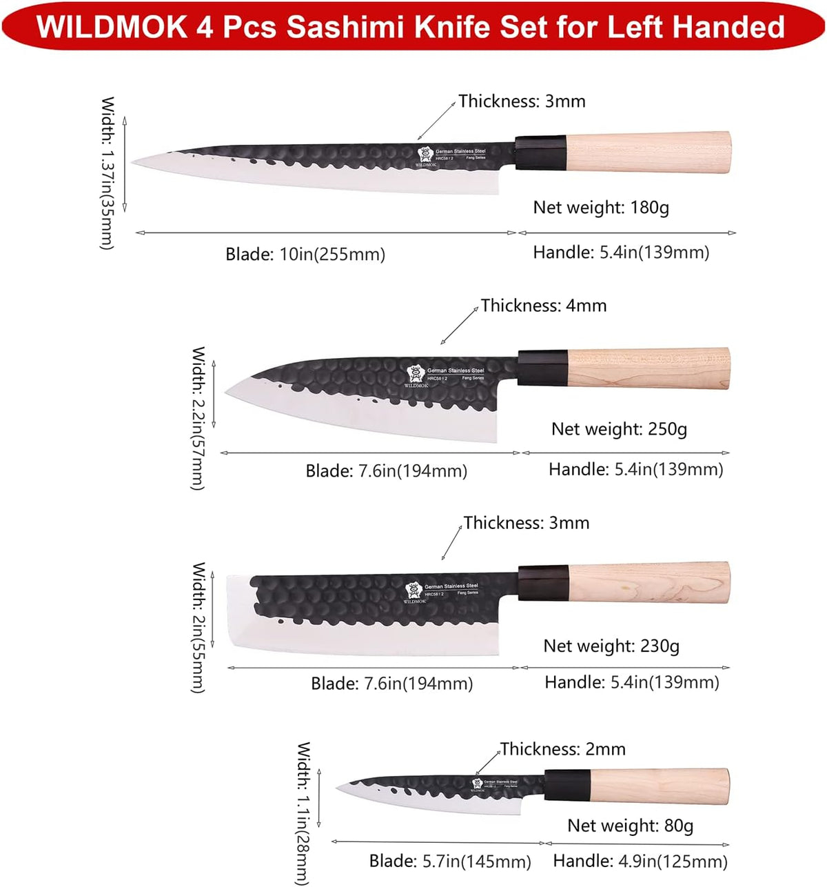 Left Handed 4pcs Knife Set GYUTO Sashimi Sushi Knife Sets for Left Handed, Fish Filleting Chef Knife for Kitchen German Steel Blade & Traditional Wooden Handle