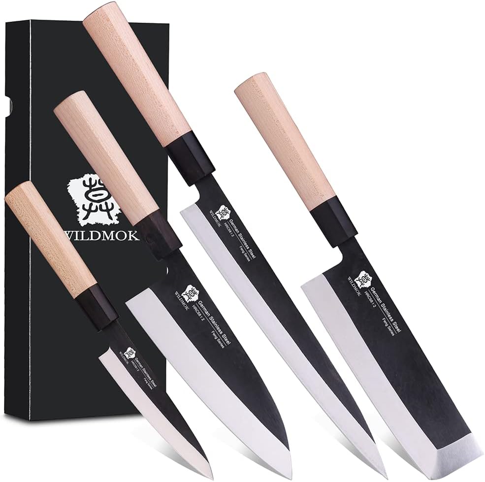 Left Handed 4pcs Knife Set GYUTO Sashimi Sushi Knife Sets for Left Handed, Fish Filleting Chef Knife for Kitchen German Steel Blade & Traditional Wooden Handle