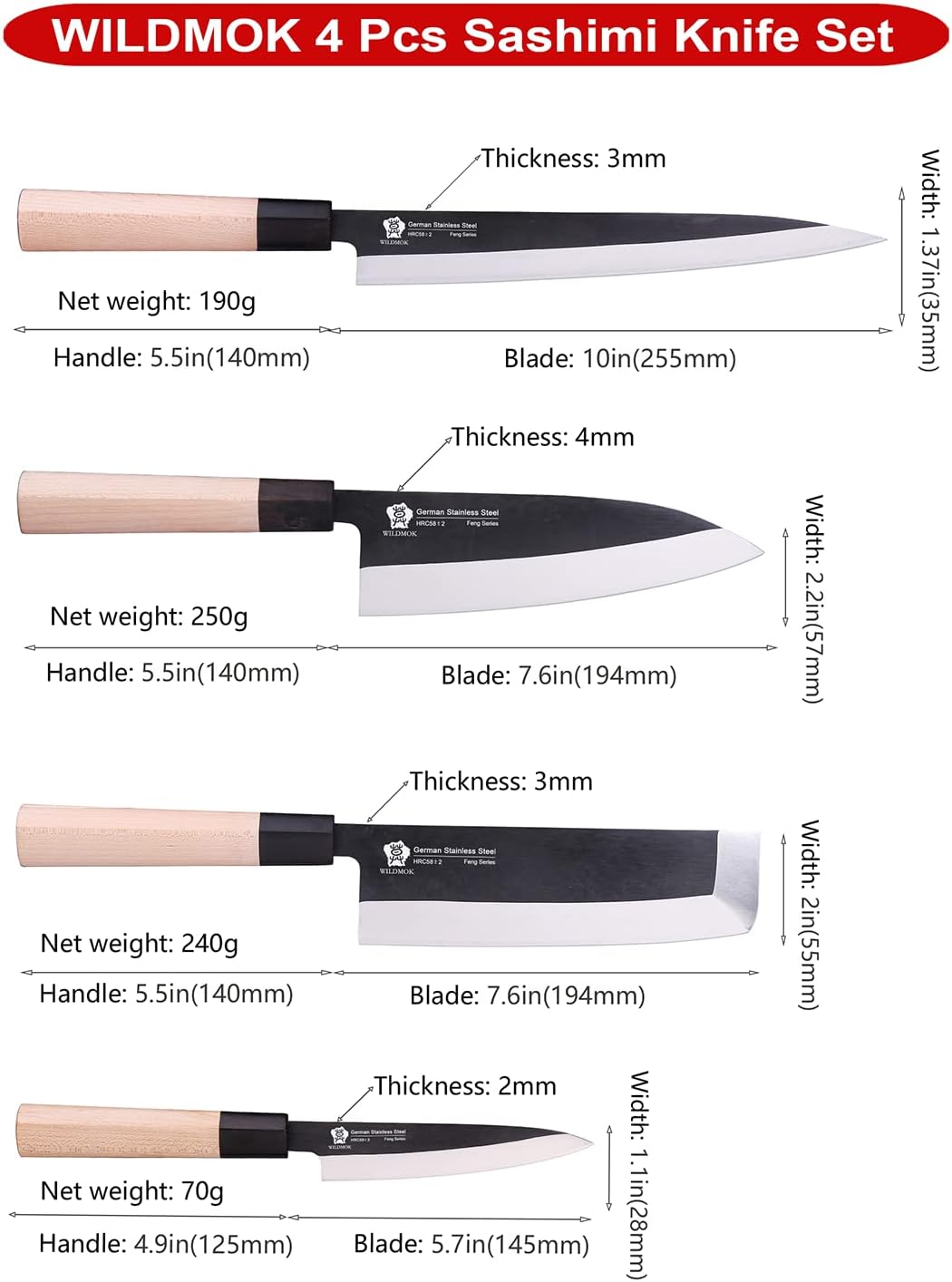 Left Handed 4pcs Knife Set GYUTO Sashimi Sushi Knife Sets for Left Handed, Fish Filleting Chef Knife for Kitchen German Steel Blade & Traditional Wooden Handle