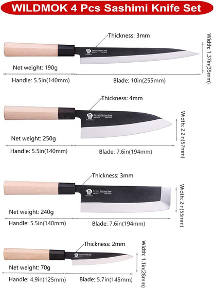 Left Handed 4pcs Knife Set GYUTO Sashimi Sushi Knife Sets for Left Handed, Fish Filleting Chef Knife for Kitchen German Steel Blade & Traditional Wooden Handle