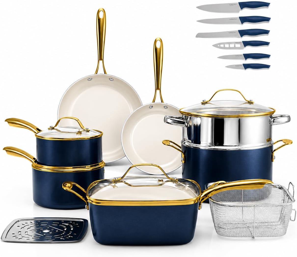 20pcs Pots and Pans Set Non Stick Ceramic Cookware Set with Deep Frying Pan Set & 6pc Knife Set, Improved Ti-Cerama Coating Made without PFOA PFOS Lasts 2x Longer, Oven & Dishwasher Safe