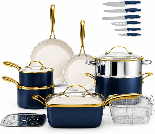 20pcs Pots and Pans Set Non Stick Ceramic Cookware Set with Deep Frying Pan Set & 6pc Knife Set, Improved Ti-Cerama Coating Made without PFOA PFOS Lasts 2x Longer, Oven & Dishwasher Safe