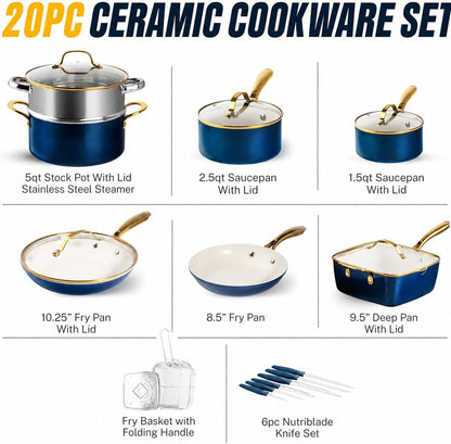 20pcs Pots and Pans Set Non Stick Ceramic Cookware Set with Deep Frying Pan Set & 6pc Knife Set, Improved Ti-Cerama Coating Made without PFOA PFOS Lasts 2x Longer, Oven & Dishwasher Safe
