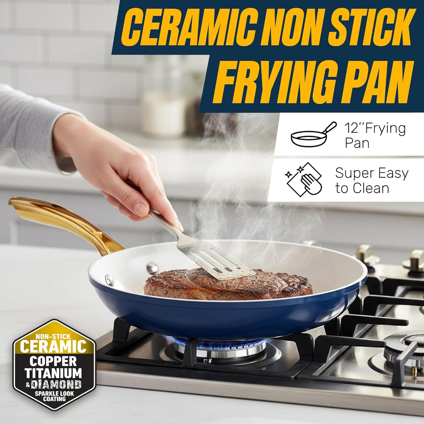 20pcs Pots and Pans Set Non Stick Ceramic Cookware Set with Deep Frying Pan Set & 6pc Knife Set, Improved Ti-Cerama Coating Made without PFOA PFOS Lasts 2x Longer, Oven & Dishwasher Safe