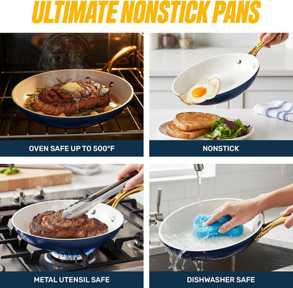 20pcs Pots and Pans Set Non Stick Ceramic Cookware Set with Deep Frying Pan Set & 6pc Knife Set, Improved Ti-Cerama Coating Made without PFOA PFOS Lasts 2x Longer, Oven & Dishwasher Safe