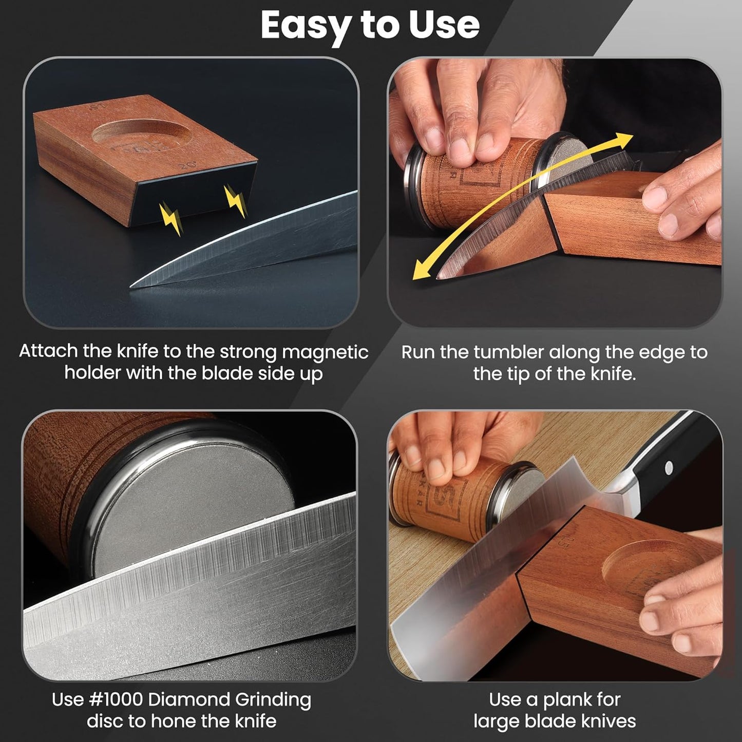 Rolling Knife Sharpener Kit - Premium Solid Wood Rolling Sharpener for Knives w/Magnetic Angle Base & 2 Diamond Grinding Discs - Kitchen knife sharpener - Perfect Knife Sharpening stone Kit for Gifts