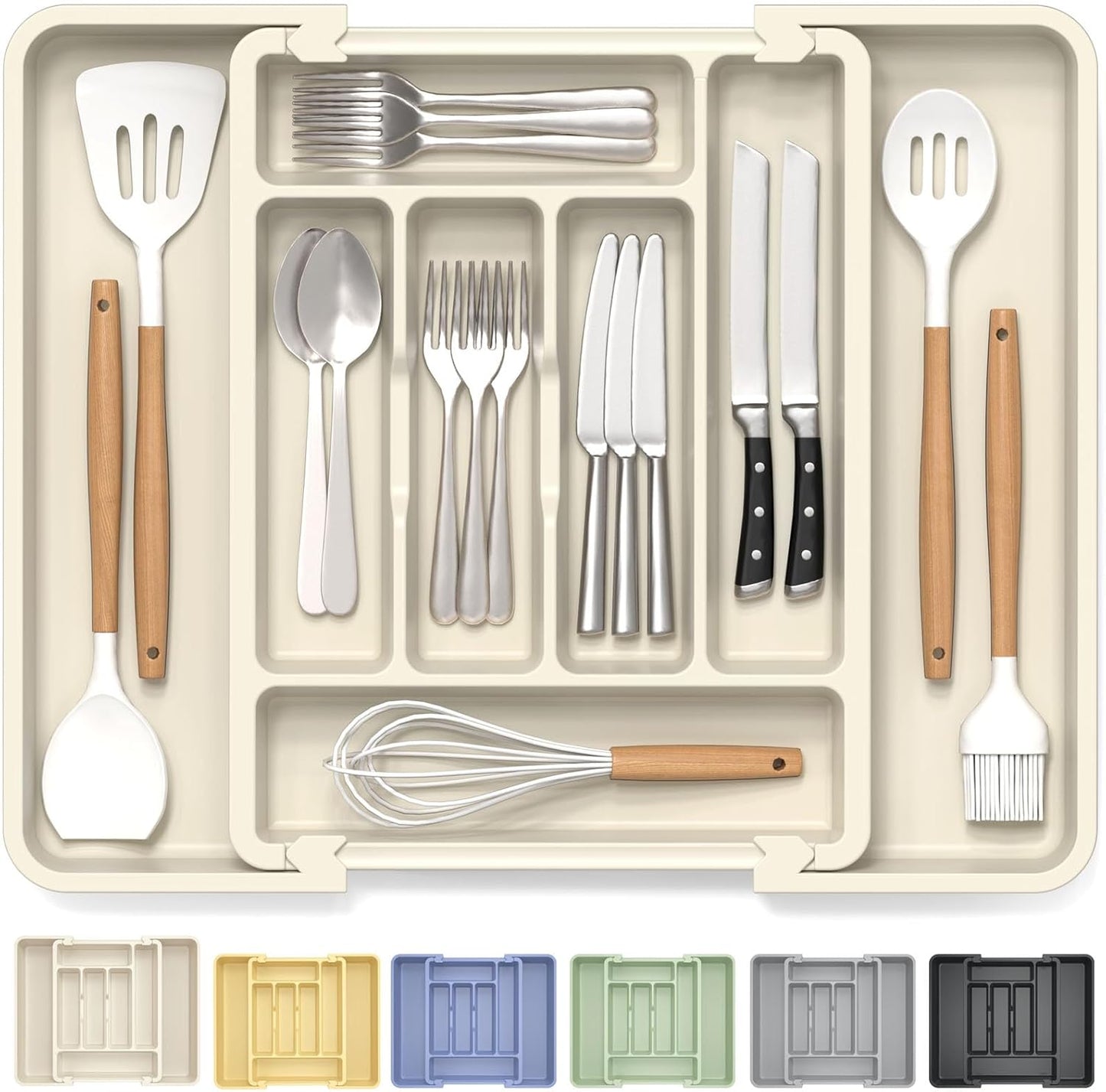 Large Silverware Organizer for Kitchen Drawer & Utensils - Expandable Drawer Organizer for Cutlery, Flatware & Gadget, BPA-Free Thick Plastic, Wider Compartments & Non-skid Feet (Tofu)