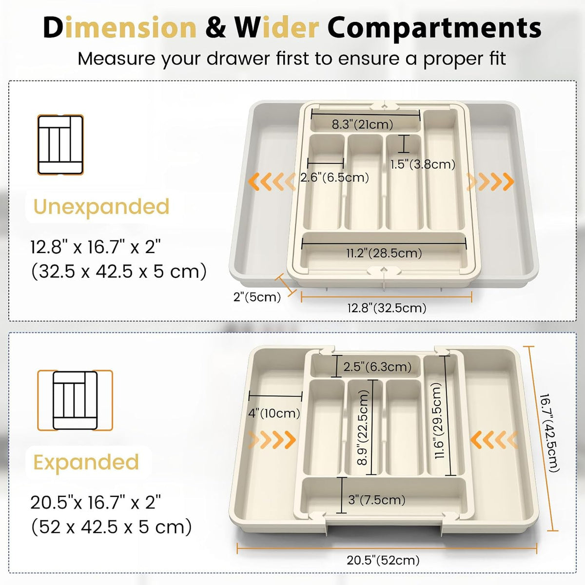 Large Silverware Organizer for Kitchen Drawer & Utensils - Expandable Drawer Organizer for Cutlery, Flatware & Gadget, BPA-Free Thick Plastic, Wider Compartments & Non-skid Feet (Tofu)