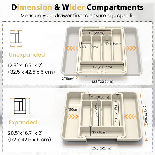 Large Silverware Organizer for Kitchen Drawer & Utensils - Expandable Drawer Organizer for Cutlery, Flatware & Gadget, BPA-Free Thick Plastic, Wider Compartments & Non-skid Feet (Tofu)