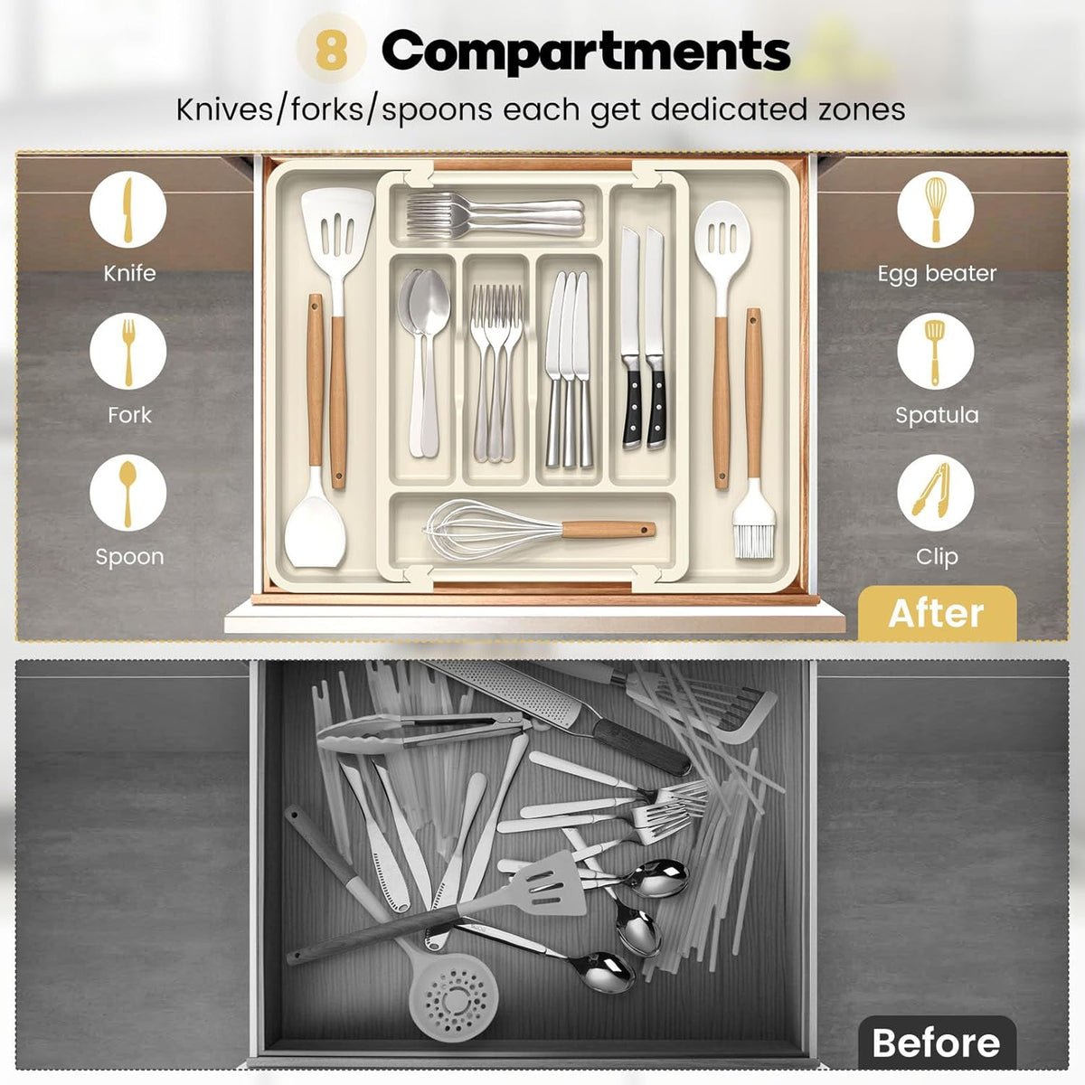 Large Silverware Organizer for Kitchen Drawer & Utensils - Expandable Drawer Organizer for Cutlery, Flatware & Gadget, BPA-Free Thick Plastic, Wider Compartments & Non-skid Feet (Tofu)